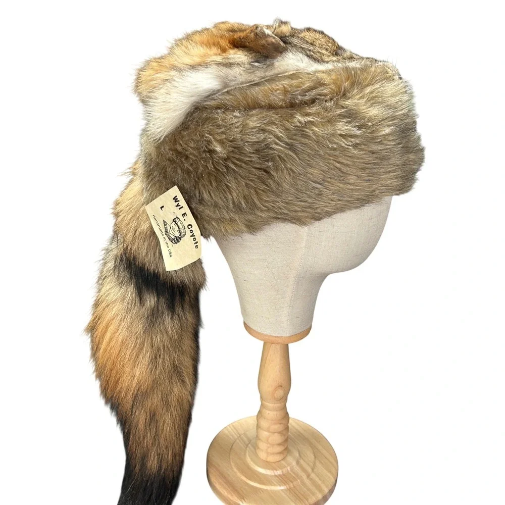 NEW Wyl E Coyote Youth Large Brown Faux Fur Face Cap Hat Tail Handmade USA
